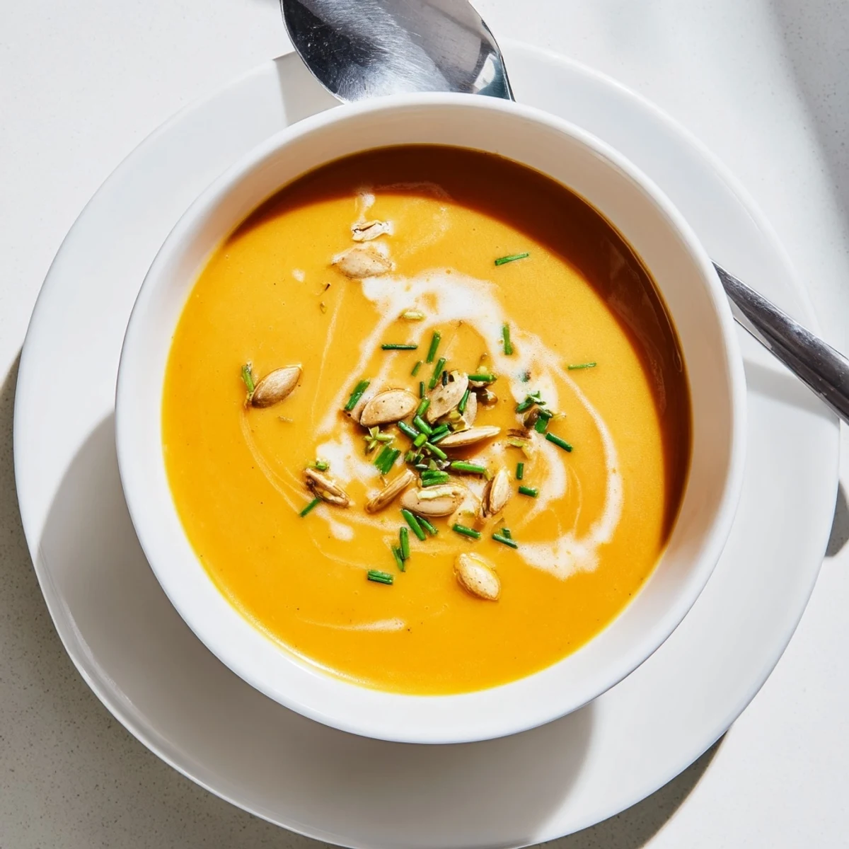 Velvety roasted butternut squash soup with aromatic cinnamon and nutmeg steaming in a white ceramic bowl