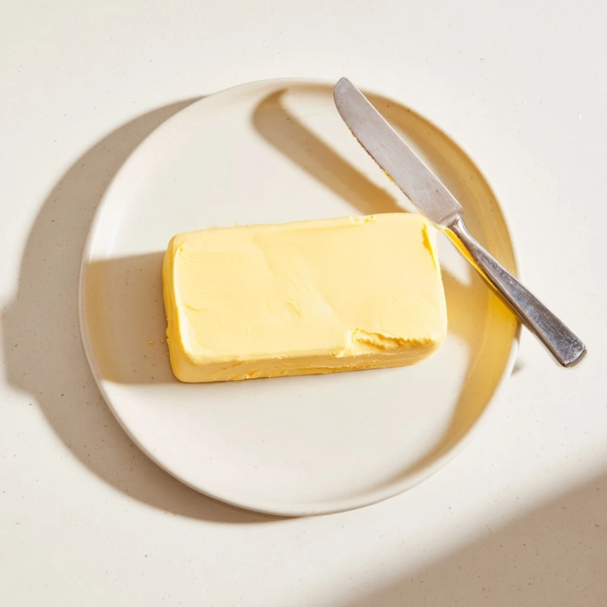 Creamy homemade vegan dairy free butter in white ceramic ramekin with knife