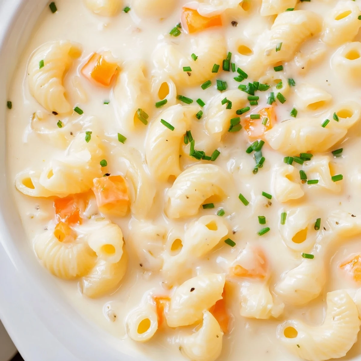 Creamy homemade mac and cheese soup loaded with tender elbow pasta in a rich broth