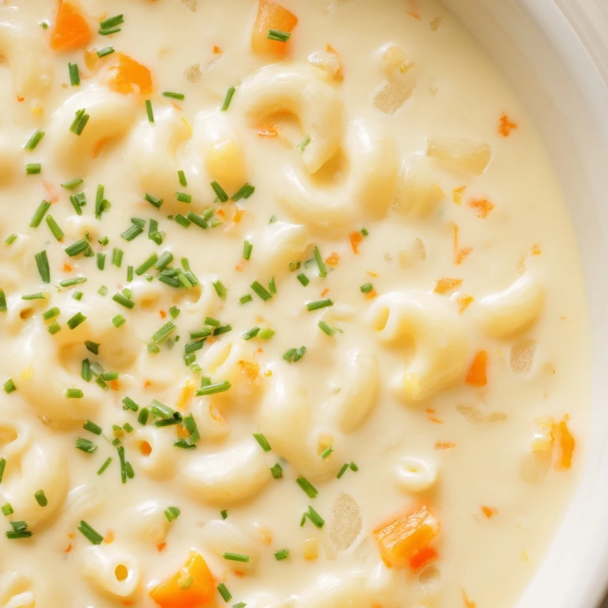 Golden cheddar mac and cheese soup with velvety sauce and al dente macaroni noodles