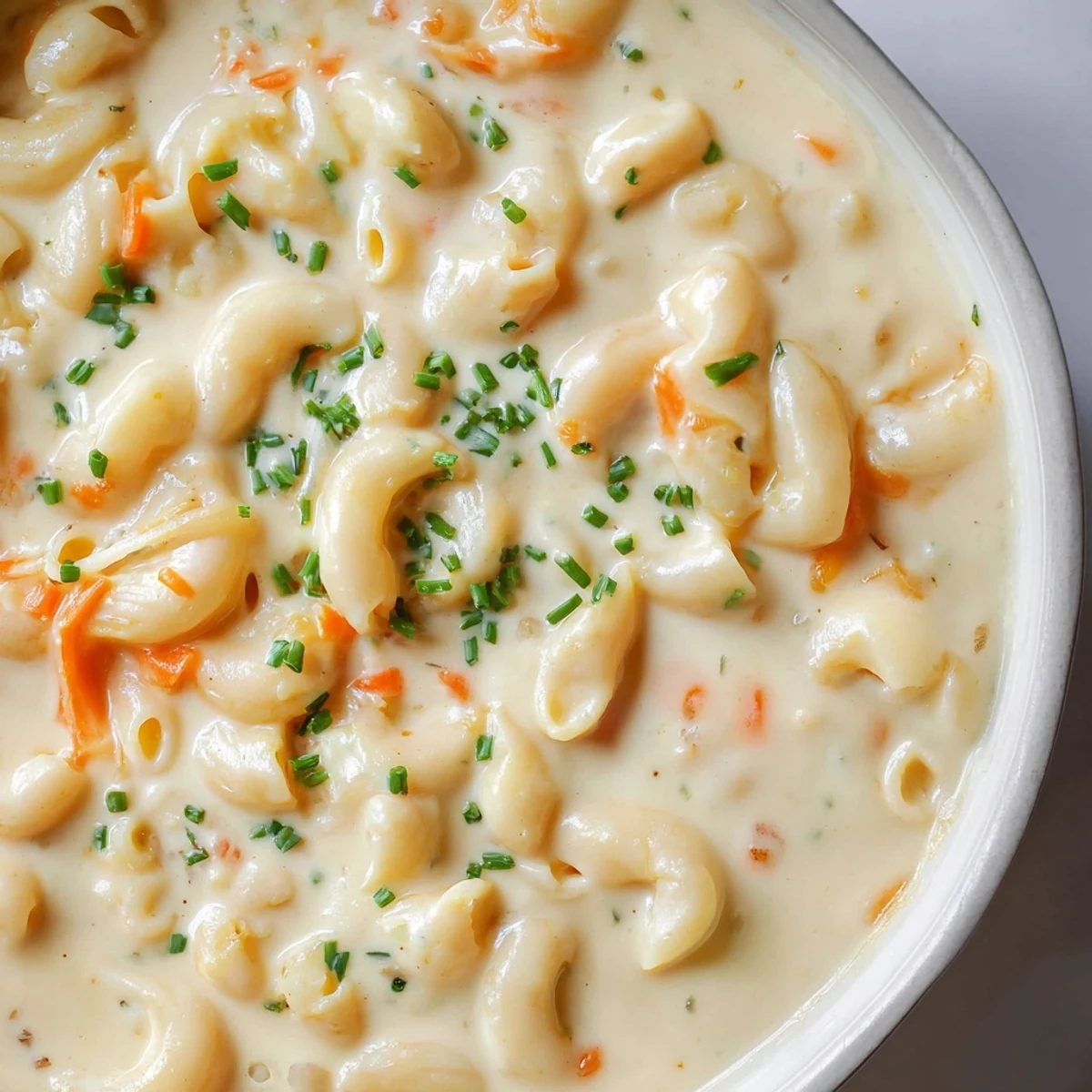 Steaming bowl of mac and cheese soup topped with fresh chives and crispy bacon bits