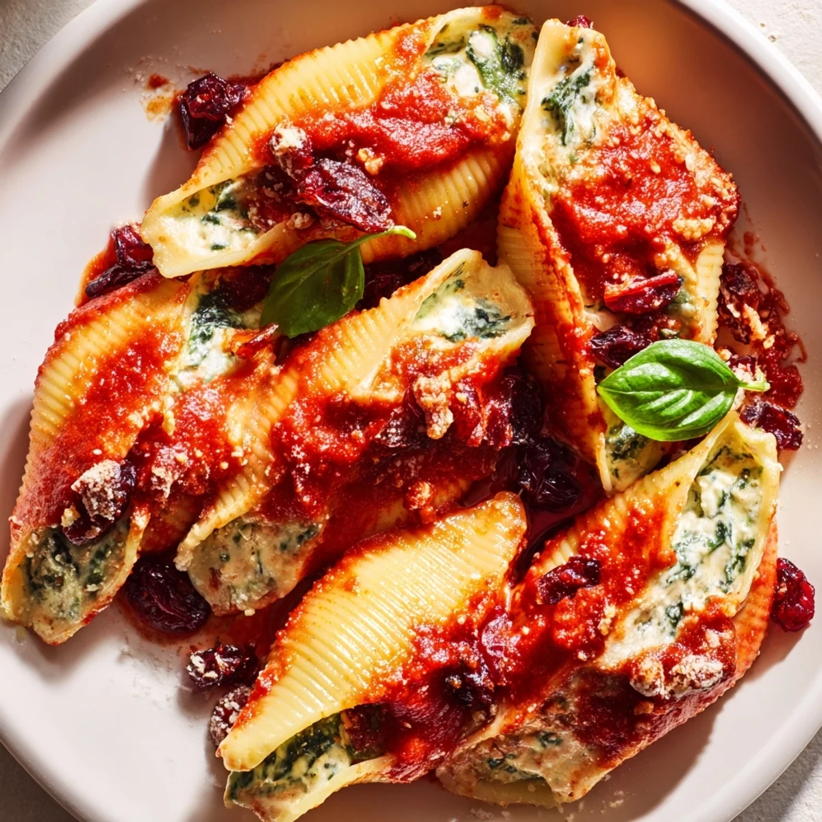 Golden baked Christmas stuffed pasta shells filled with creamy ricotta spinach and bright red cranberries
