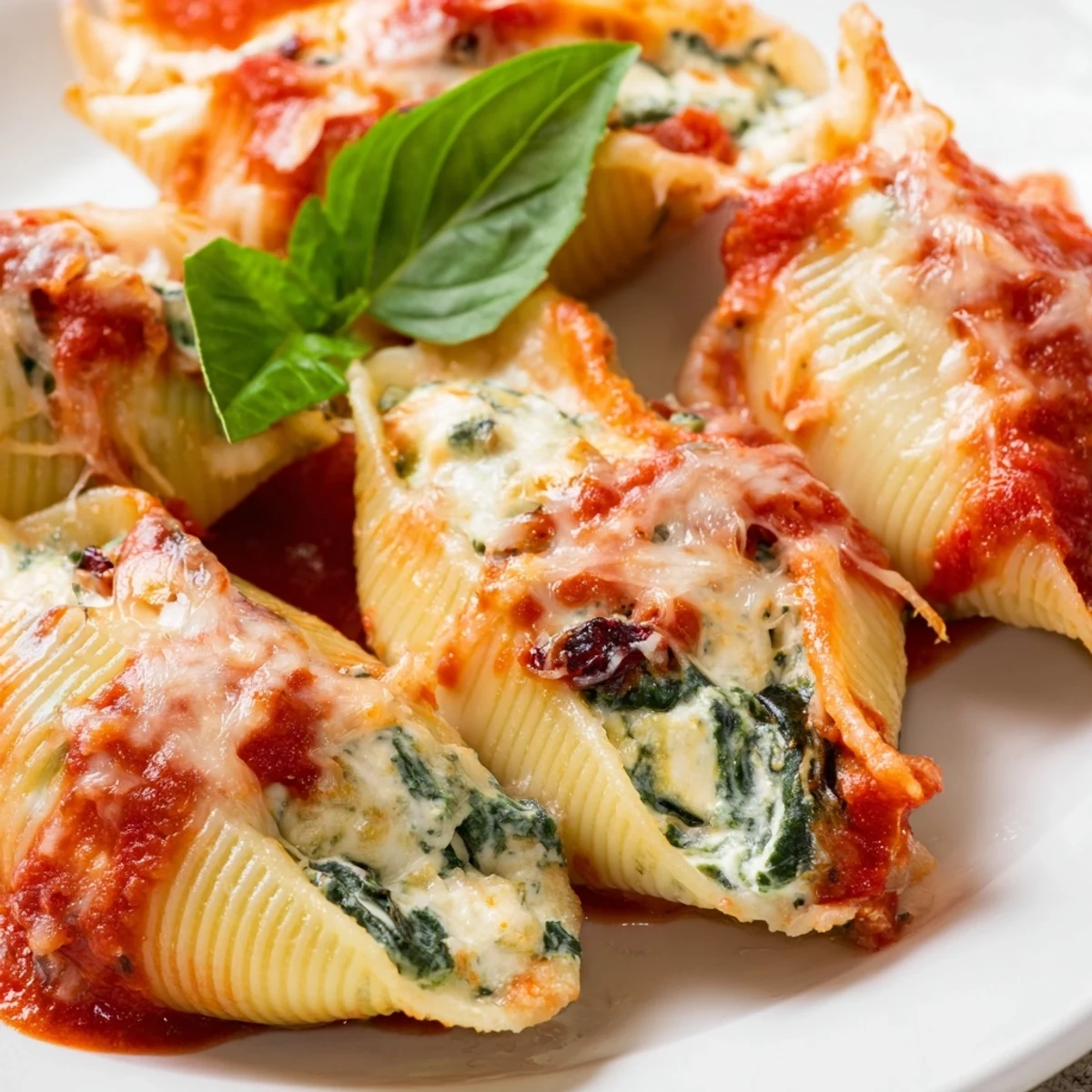 Festive holiday stuffed pasta dish bubbling with rich tomato sauce and melted mozzarella cheese topping