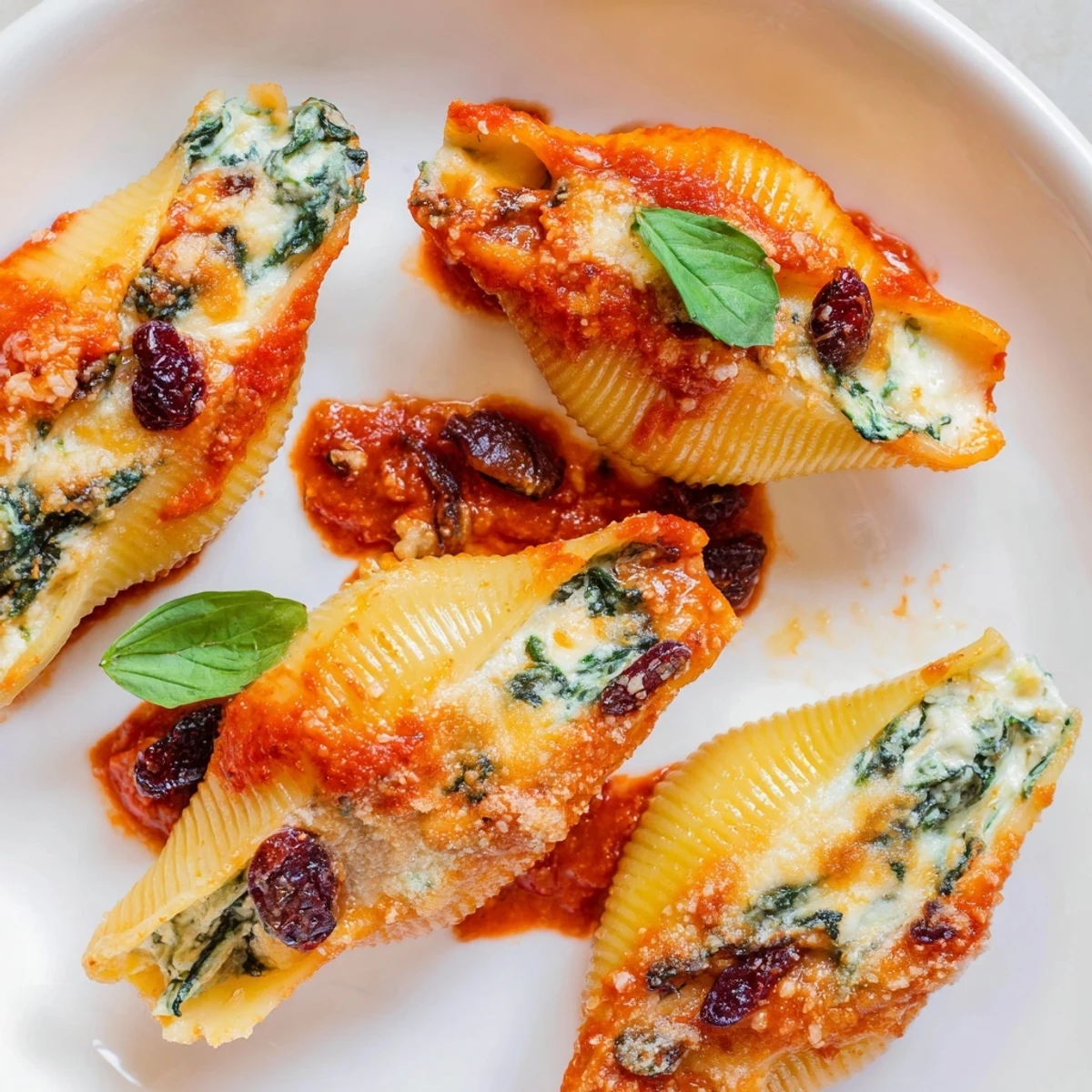 Jumbo pasta shells overflowing with cranberry studded ricotta filling served on a bed of marinara sauce