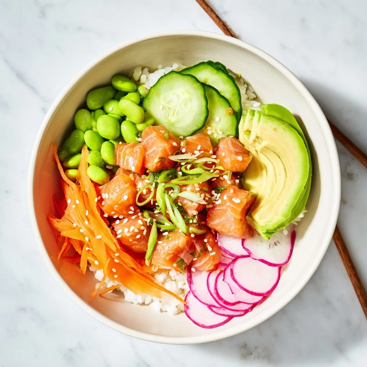 Fresh salmon and avocado poke bowl with colorful vegetables over seasoned rice