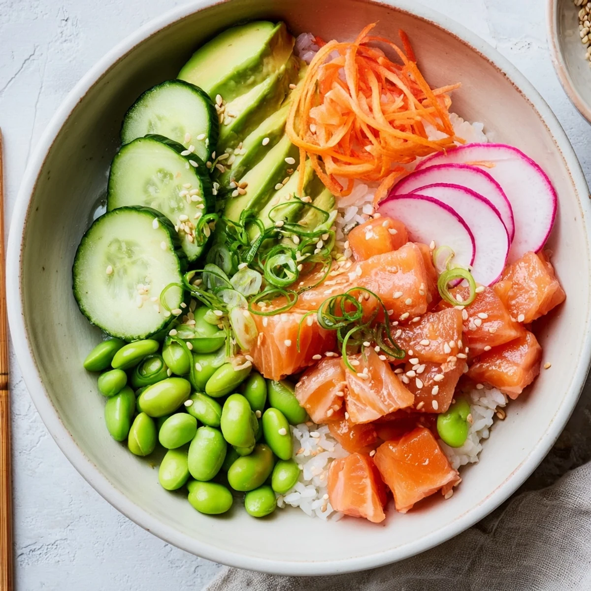Vibrant Hawaiian poke bowl featuring tender salmon cubes with creamy avocado slices