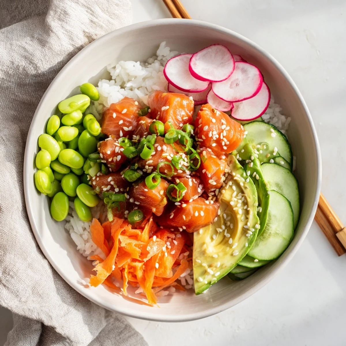 Healthy salmon avocado poke bowl topped with crisp vegetables and sesame seeds