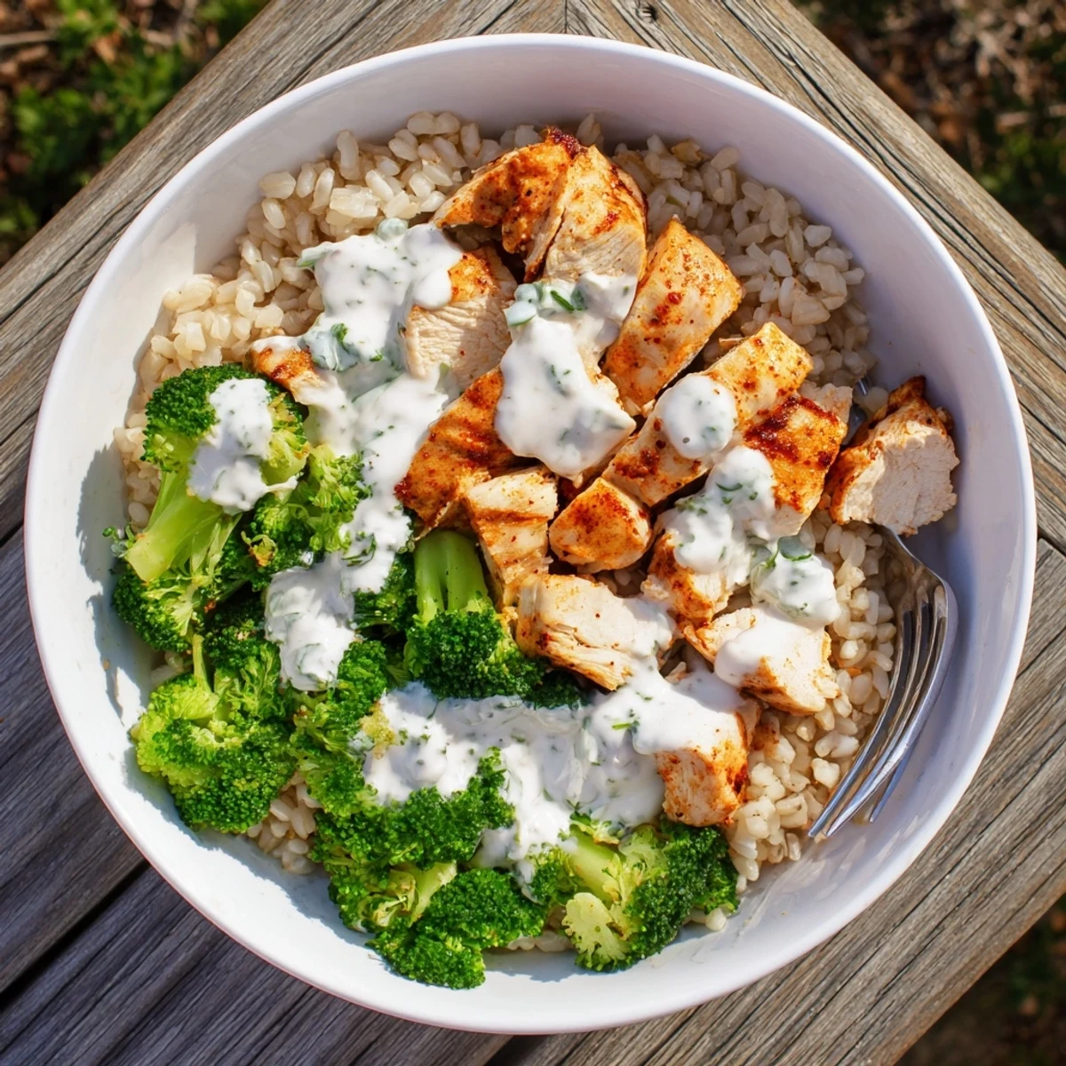 Healthy grilled chicken broccoli bowls drizzled with rich creamy garlic sauce over fluffy rice