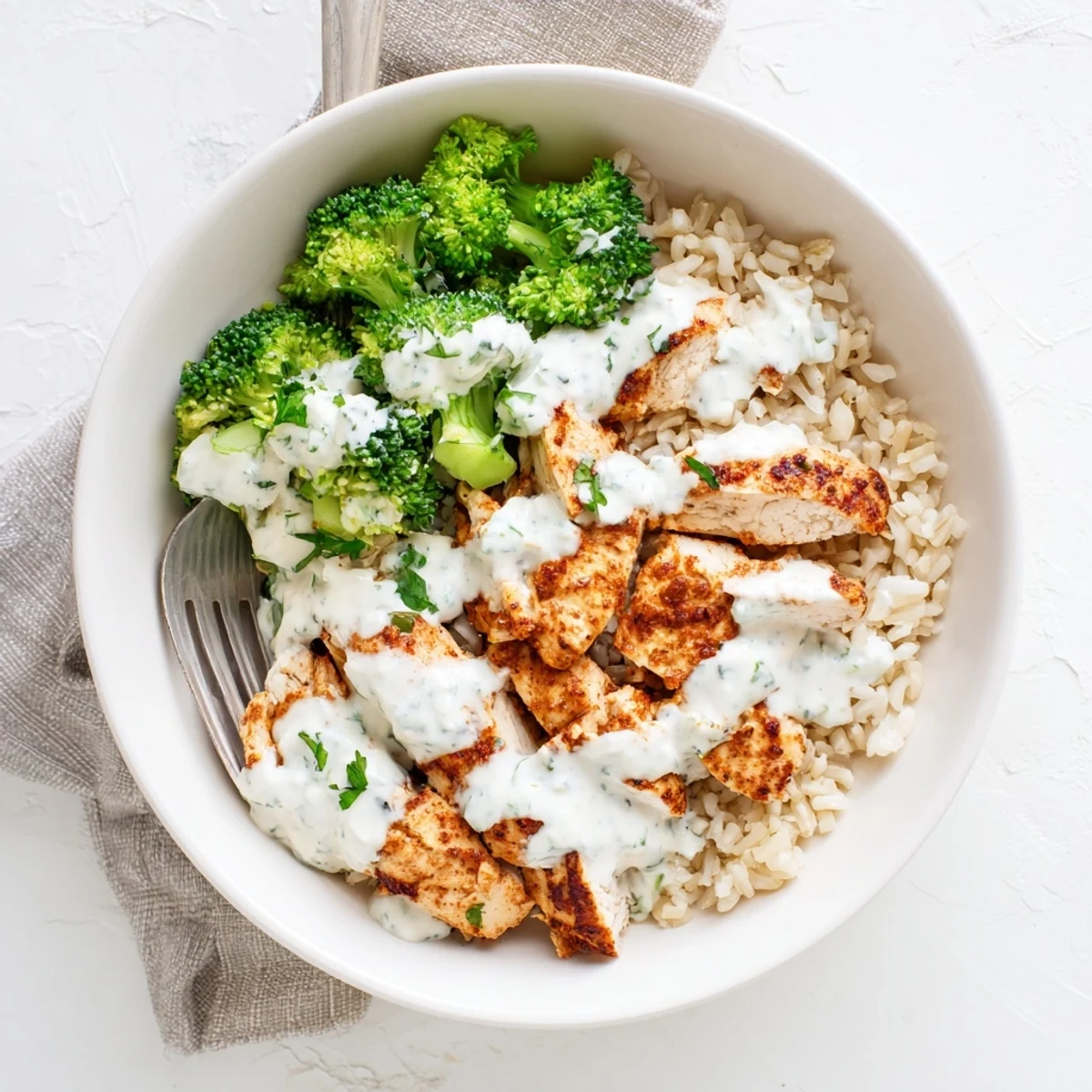 Sliced grilled chicken and crisp broccoli arranged in bowls topped with luscious garlic yogurt sauce