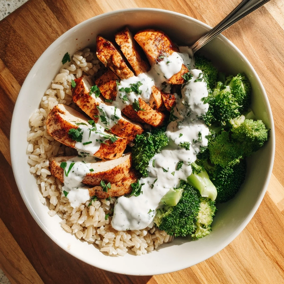 Nutritious meal bowl featuring tender spiced chicken steamed broccoli and protein-packed creamy garlic dressing