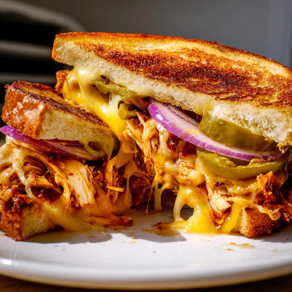 Golden BBQ chicken grilled cheese sandwich with melted cheddar and sourdough bread
