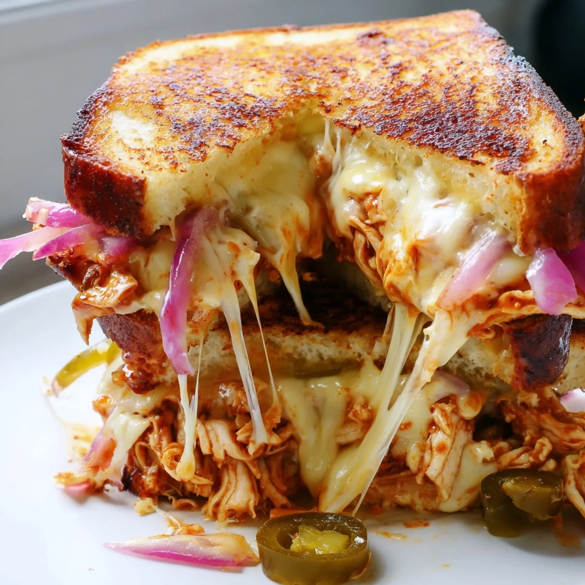 Sliced BBQ chicken grilled cheese featuring gooey cheese layers on toasted sourdough