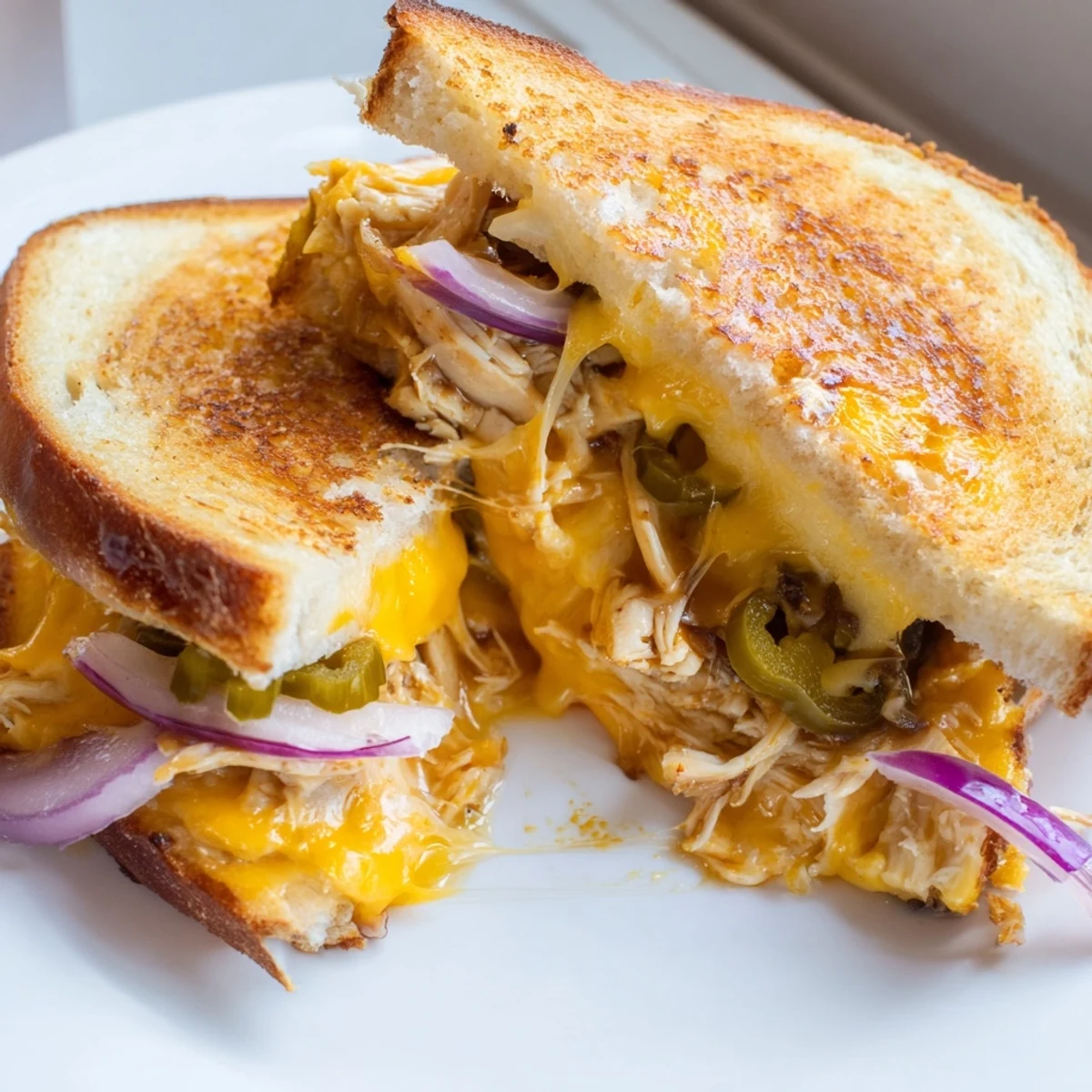 Warm grilled cheese sandwich stuffed with smoky BBQ chicken and melted sharp cheddar