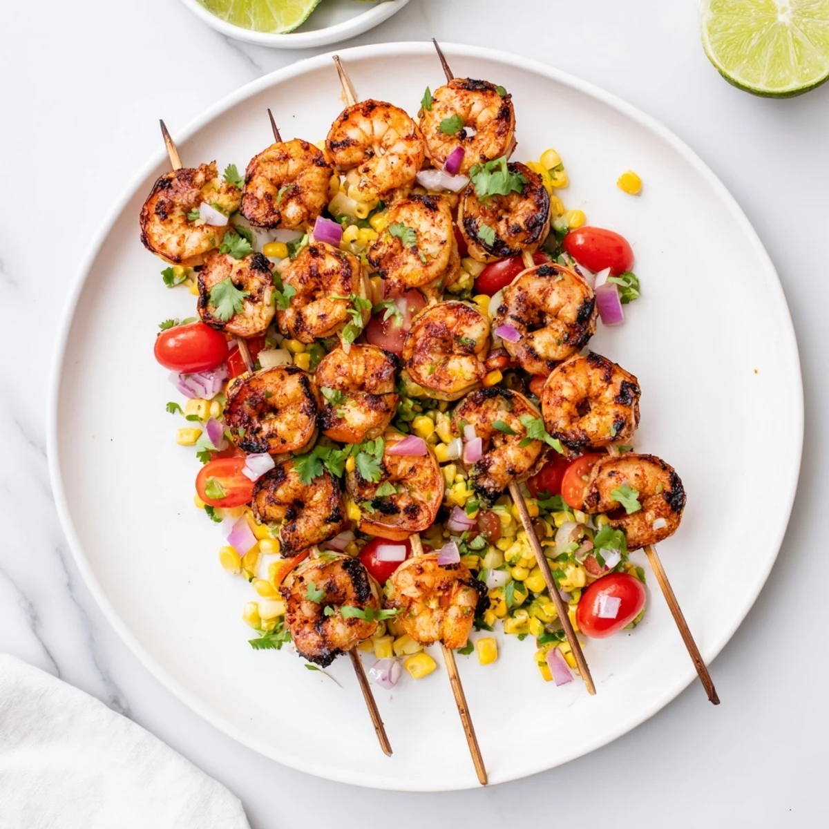 Plump grilled shrimp with smoky spices served over fresh colorful corn salsa with tomatoes and cilantro