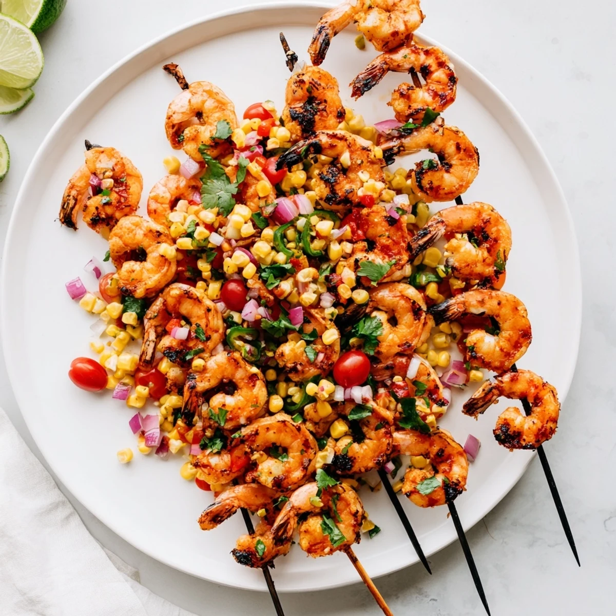 Sizzling charred shrimp skewers atop zesty corn salsa with red onion jalapeño and lime