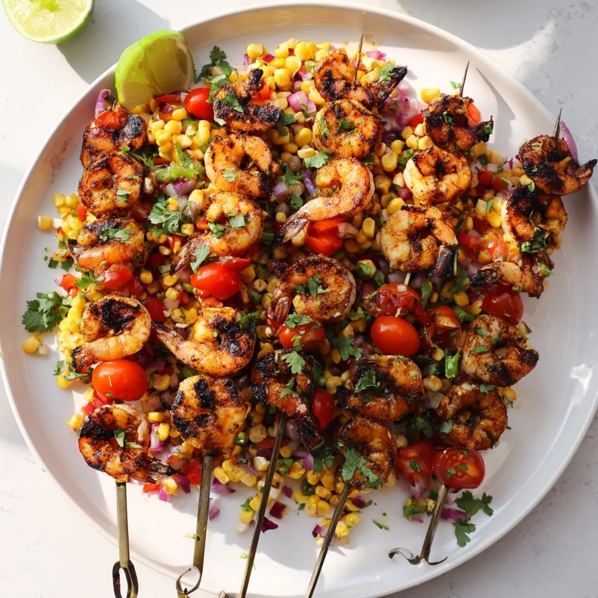 Smoky paprika grilled shrimp arranged on vibrant corn salsa with cherry tomatoes and fresh herbs