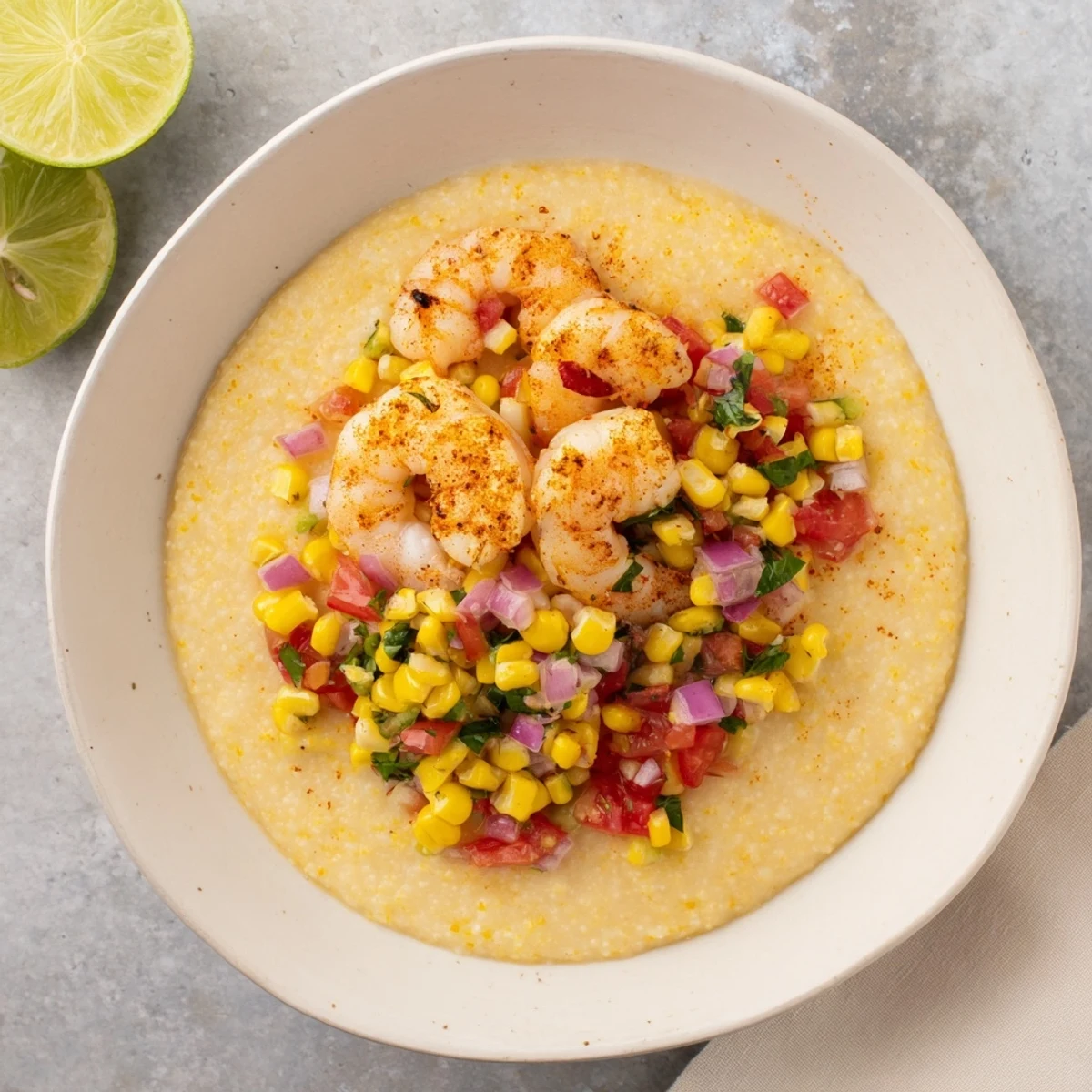 Creamy stone-ground shrimp grits topped with plump sautéed shrimp and zesty fresh corn salsa