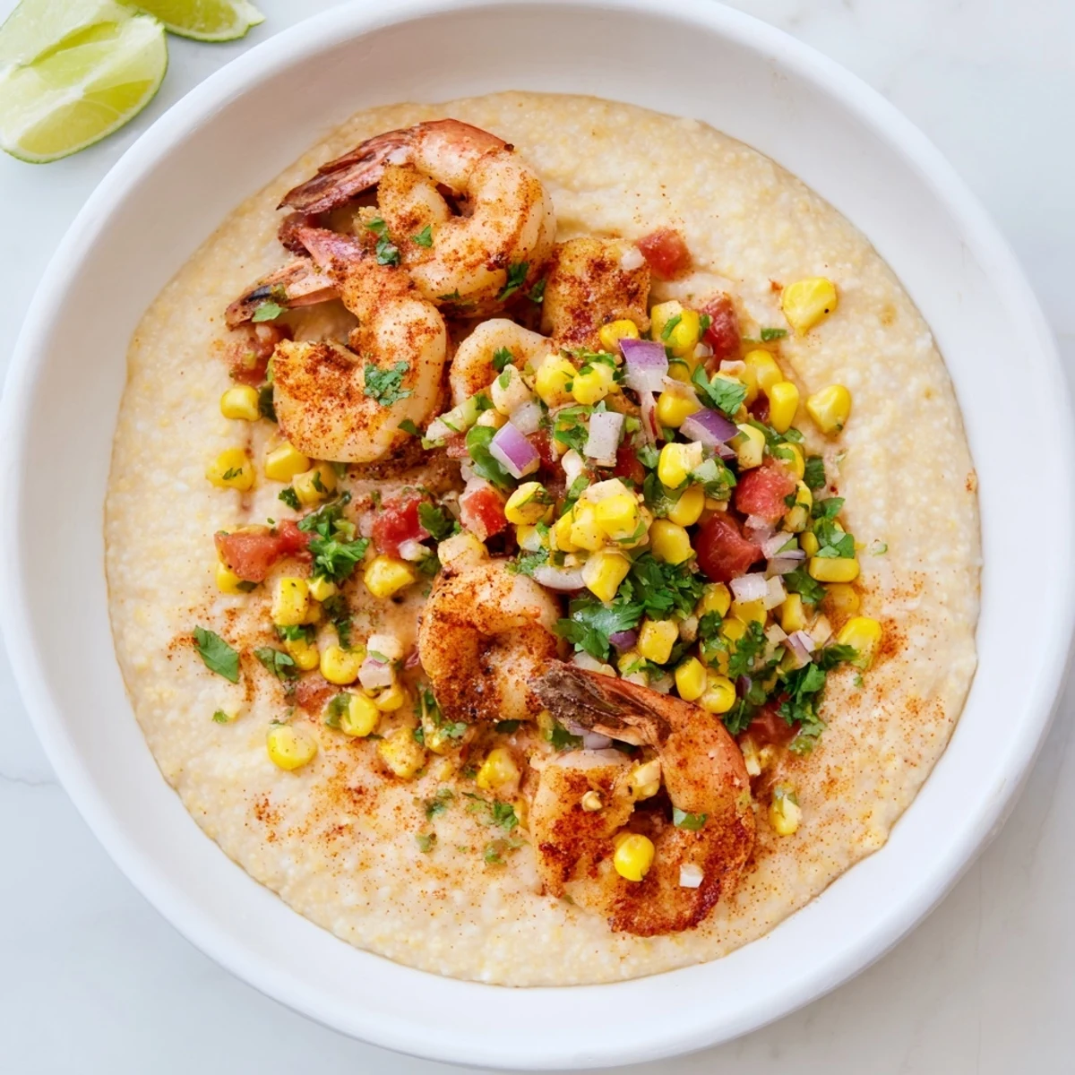 Southern-style shrimp grits bowl featuring golden cheddar grits, spiced shrimp, and vibrant corn tomato relish