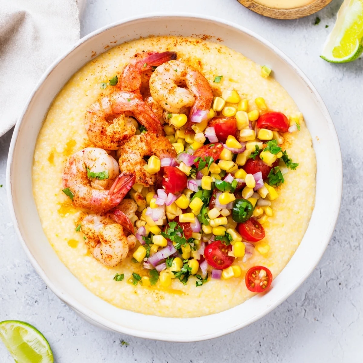 Plated shrimp grits with corn salsa showcasing tender shrimp over rich cheesy grits with lime-cilantro garnish