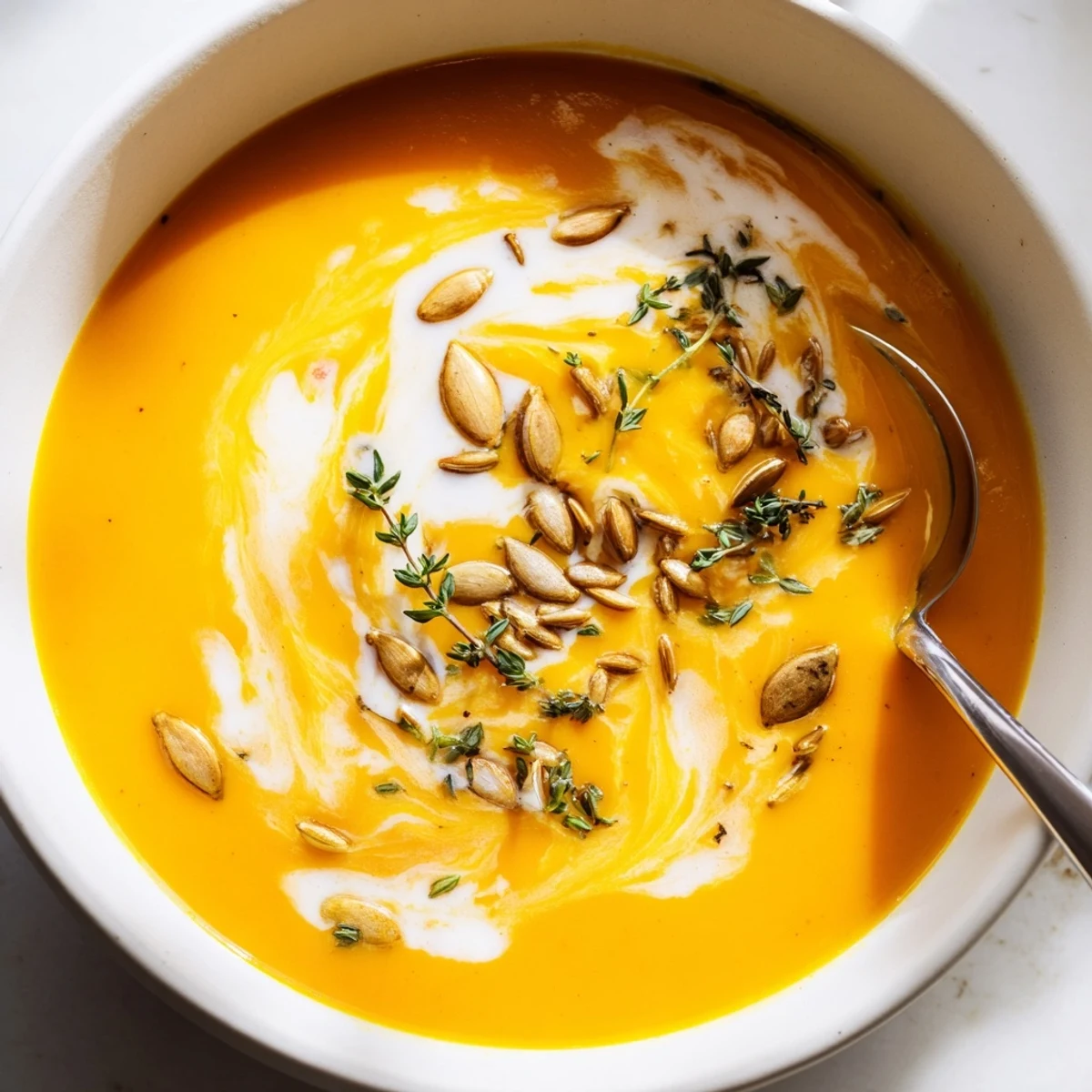 Golden bowl of velvety butternut squash soup topped with cream swirl and herbs on a rustic wooden table