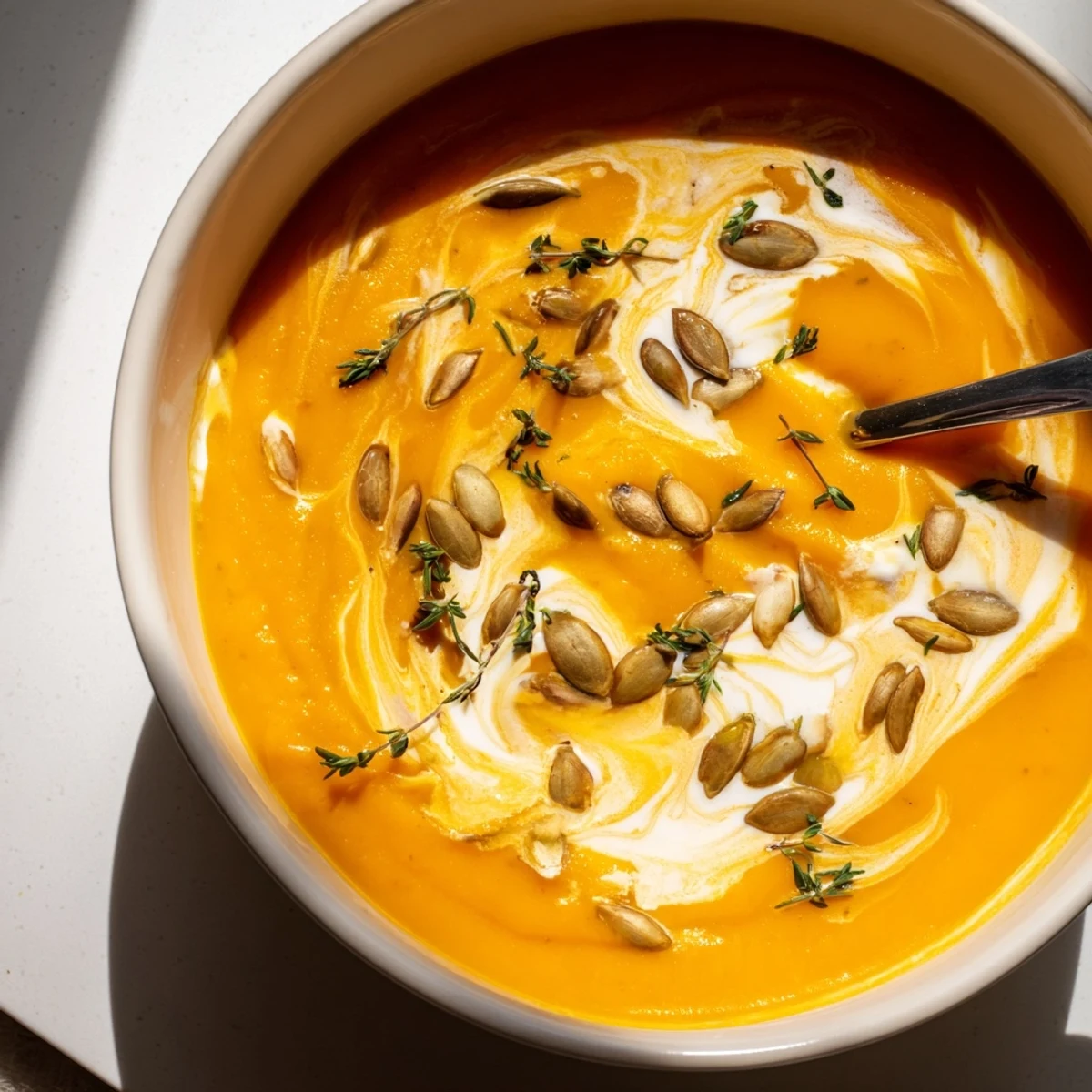 Steaming hot roasted butternut squash soup with caramelized vegetable bits served in a ceramic soup bowl