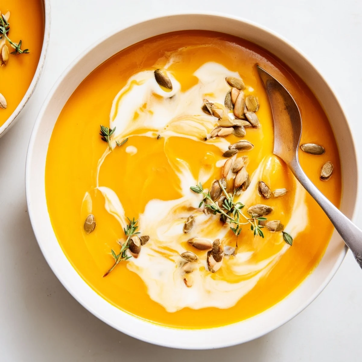 Creamy roasted butternut squash soup garnished with fresh thyme and toasted pumpkin seeds in a white bowl