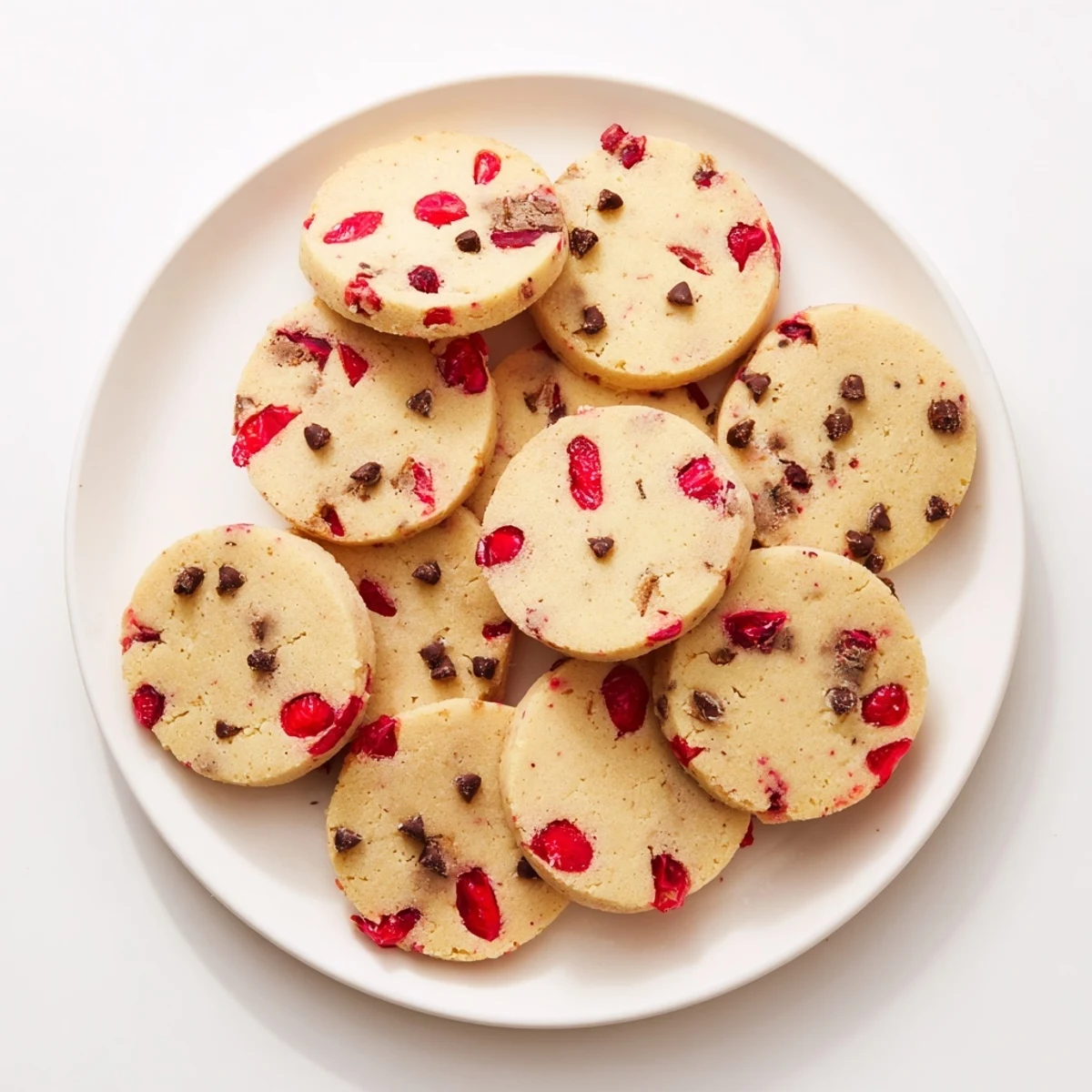 Golden Christmas Maraschino Cherry Shortbread cookies dotted with bright red cherries on white baking sheet