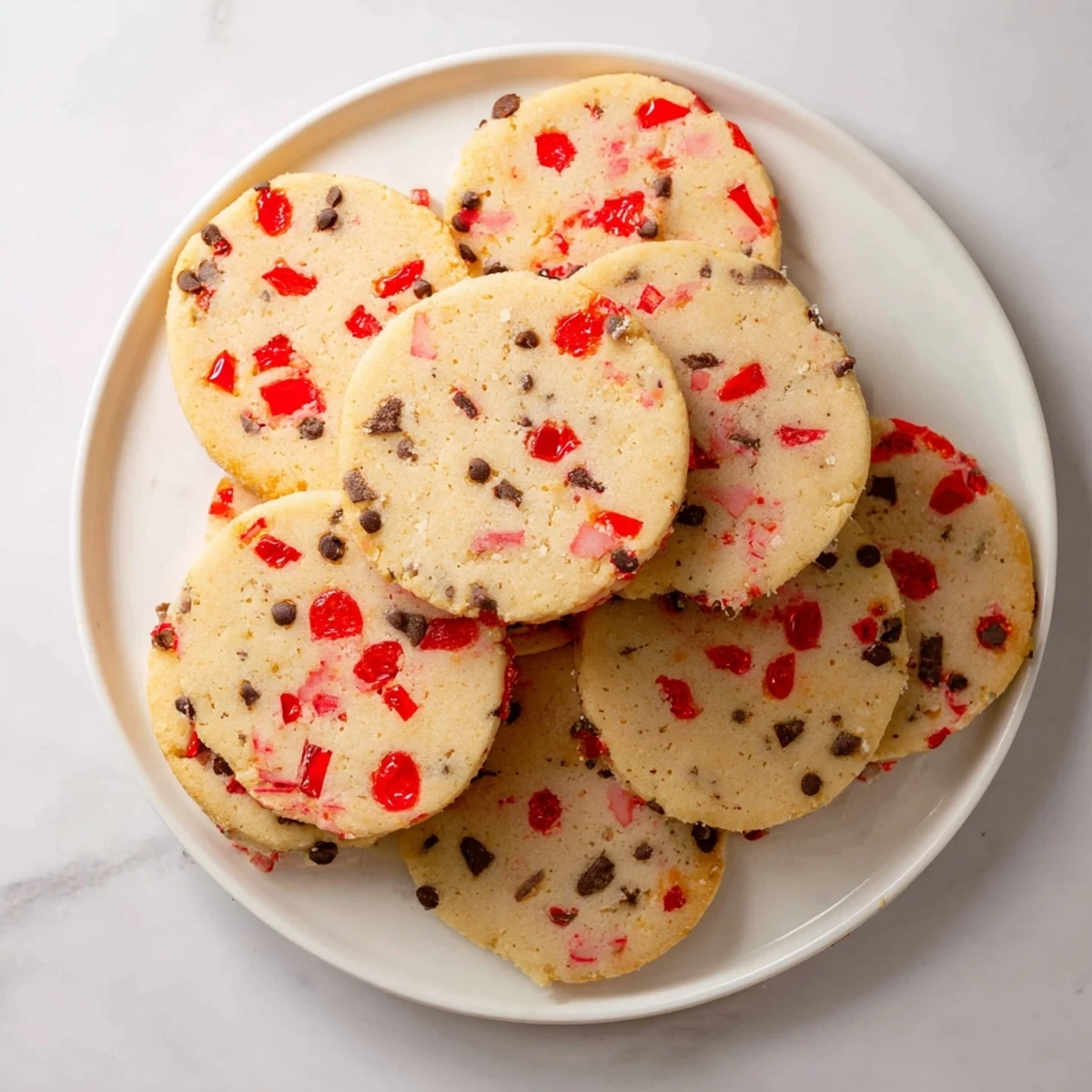 Festive holiday shortbread studded with chopped maraschino cherries and optional mini chocolate chips