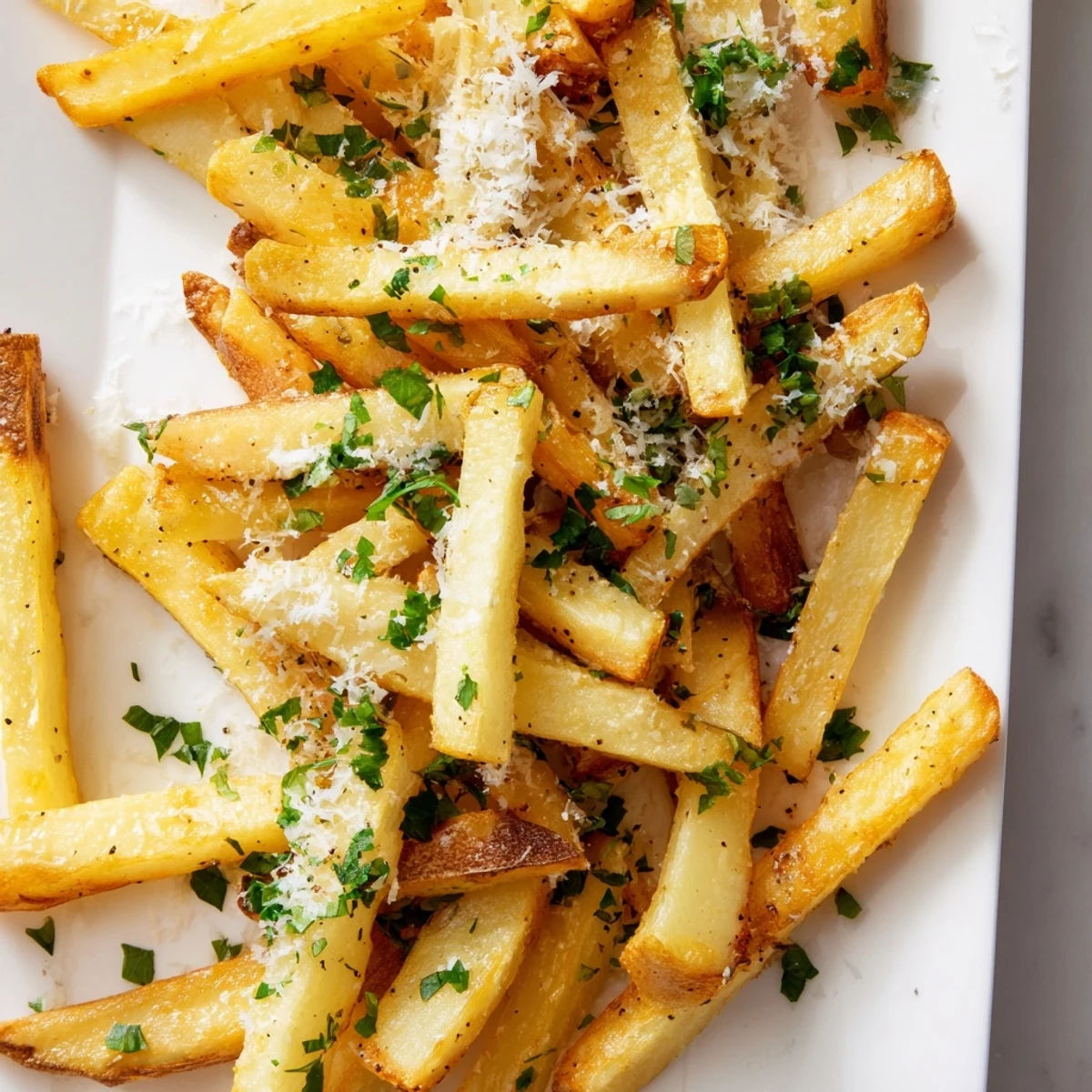 Crispy golden homemade truffle fries scattered with grated Parmesan and fresh green parsley on a white serving plate
