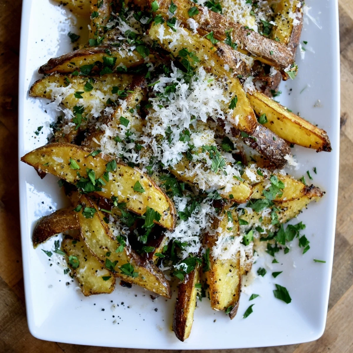 Golden russet potato fries drizzled with aromatic truffle oil and topped with fluffy Parmesan cheese shavings