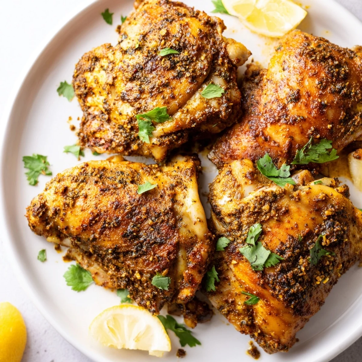Golden roasted Moroccan spiced chicken thighs with crispy skin and aromatic spices
