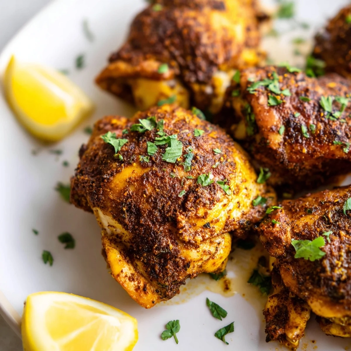 Perfectly baked Moroccan spiced chicken thighs featuring golden crispy skin and vibrant seasoning