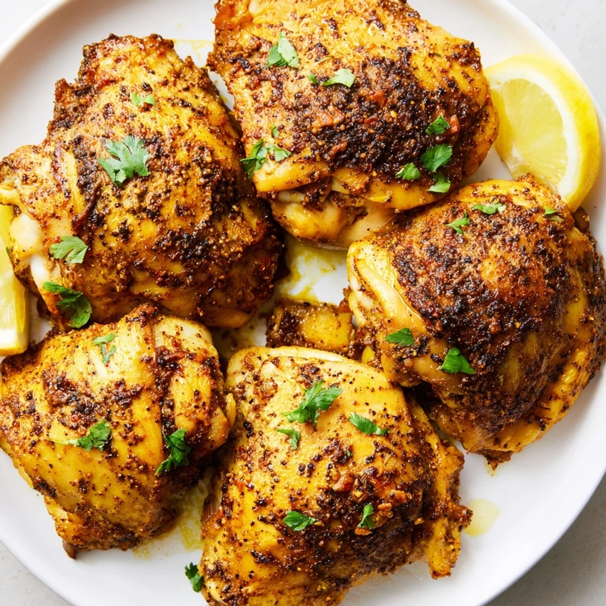 Juicy Moroccan spiced chicken thighs plated with fresh cilantro garnish and lemon wedges