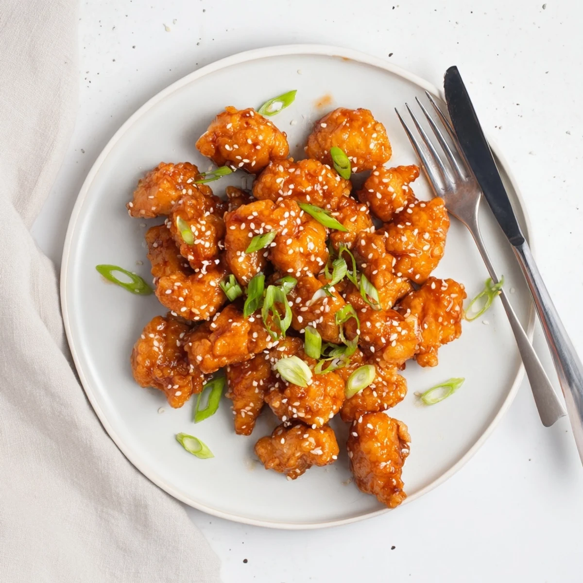 Golden baked orange chicken pieces coated in sticky sweet citrus glaze with sesame seed garnish