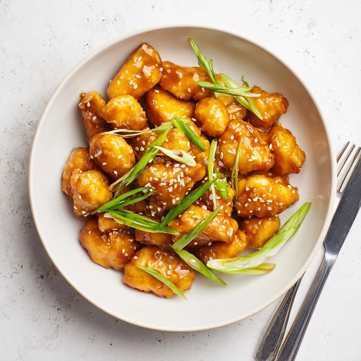 Crispy baked orange chicken tossed in glossy orange sauce drizzled over white steamed rice