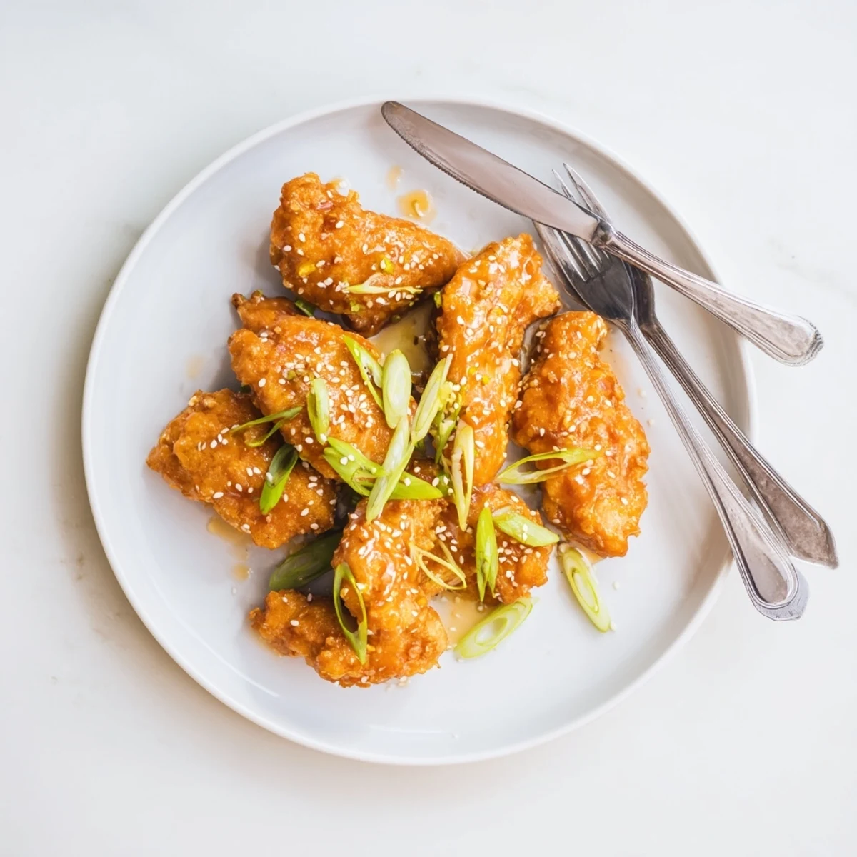 Healthier baked orange chicken with tender glazed pieces topped with fresh green onions and sesame seeds