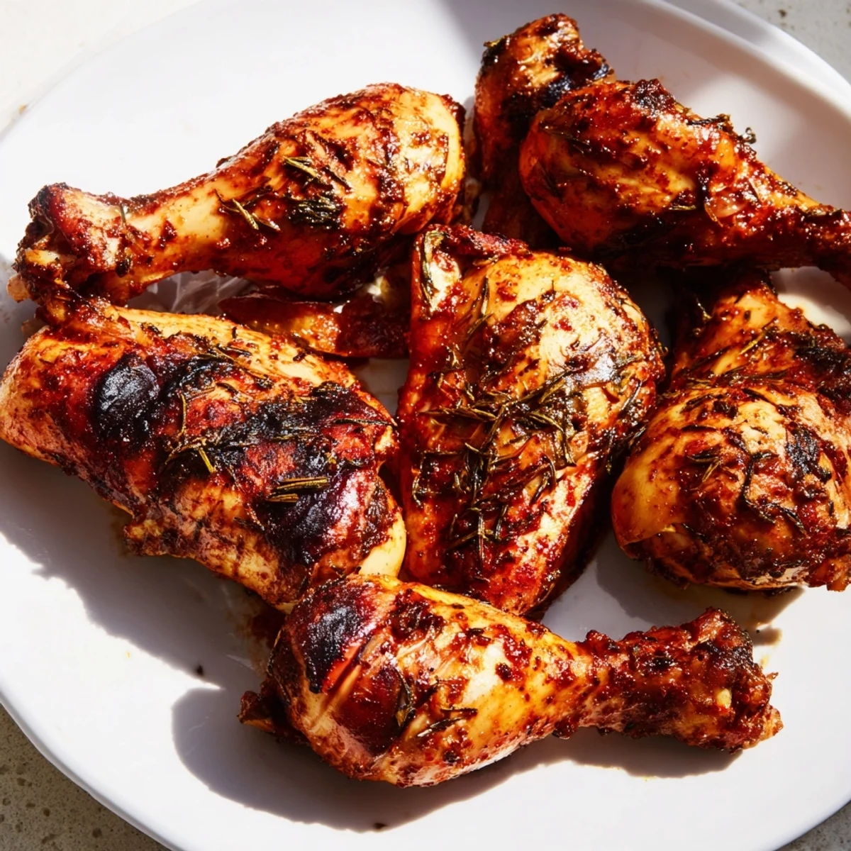 Authentic Jamaican jerk chicken drumsticks glazed with smoky spice rub and grilled