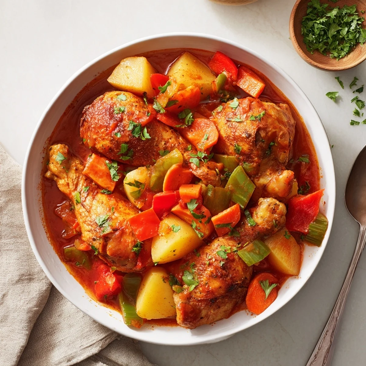 Golden brown chicken drumsticks simmered in rich Spanish stew with colorful vegetables and herbs