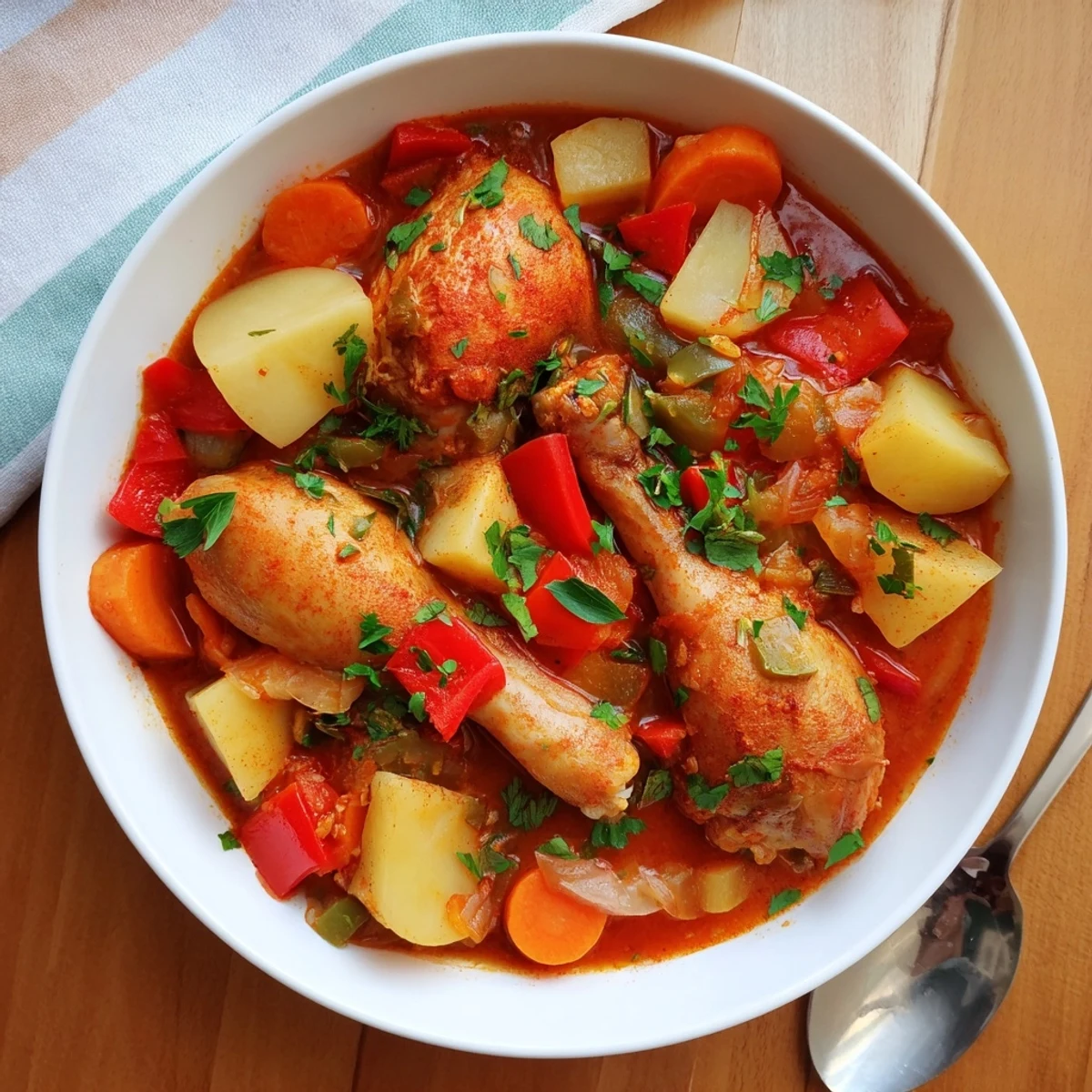 Tender rustic Spanish chicken drumsticks stew served in a bowl with fresh parsley garnish