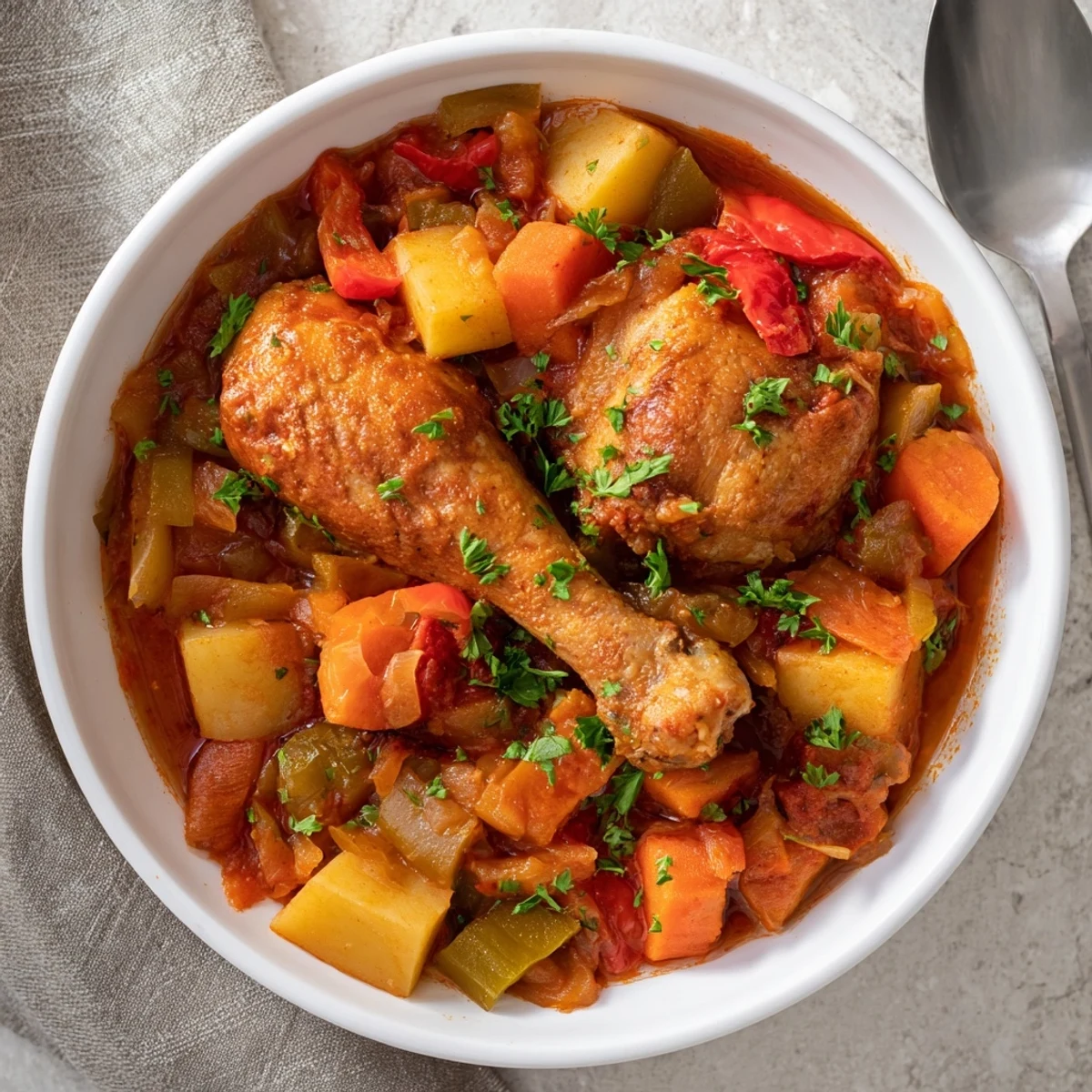Hearty pot of Spanish chicken drumsticks stew featuring tomatoes, peppers, and potatoes in sauce