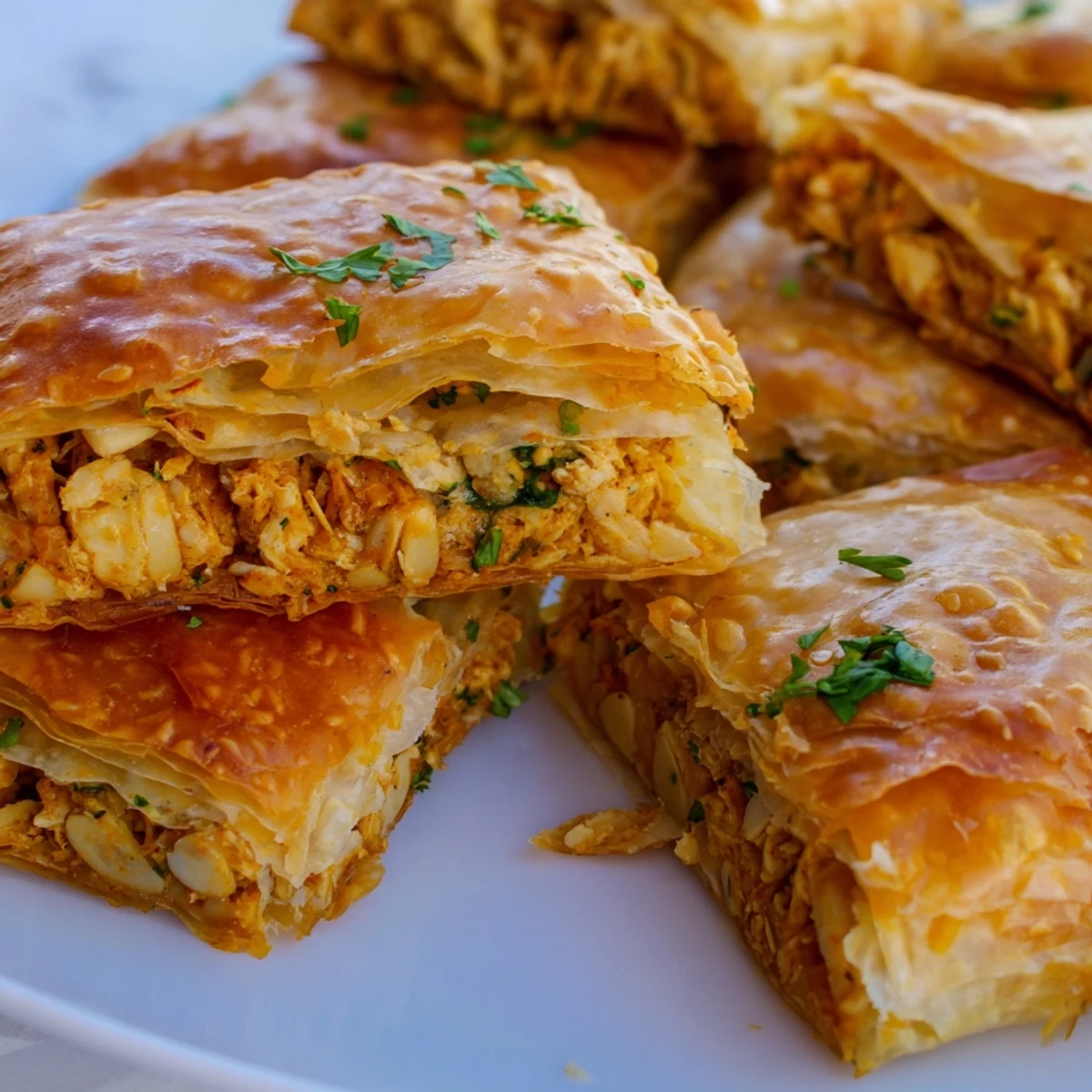 Golden crispy Moroccan chicken briouats arranged on a white serving platter with fresh herbs