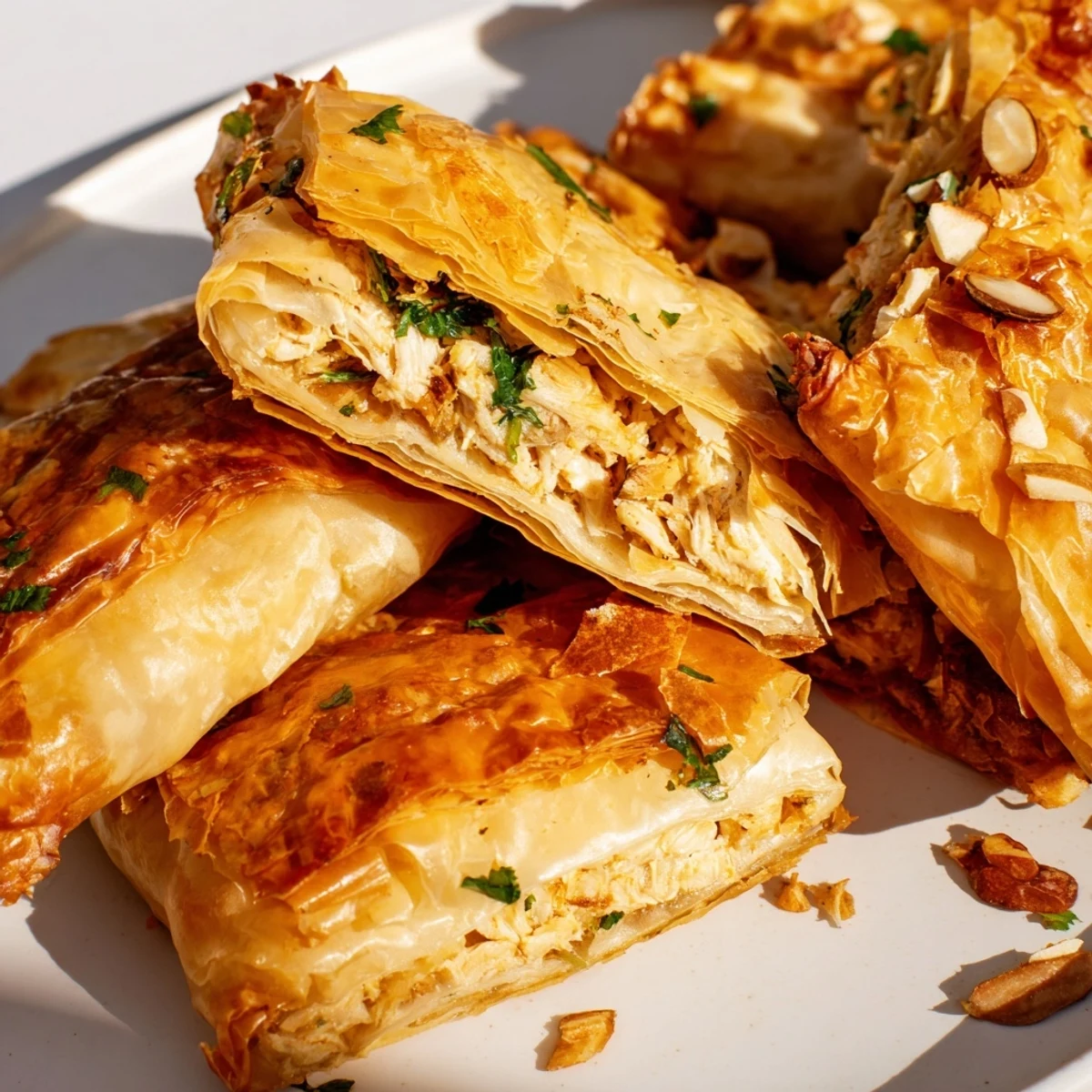 Spiced chicken and almond filled pastry triangles fried to golden perfection for appetizers