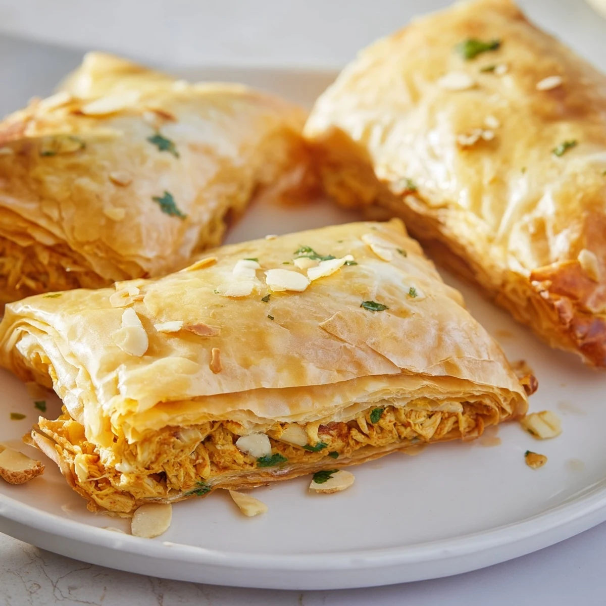 Homemade Moroccan chicken briouats featuring delicate filo pastry stuffed with savory spiced filling