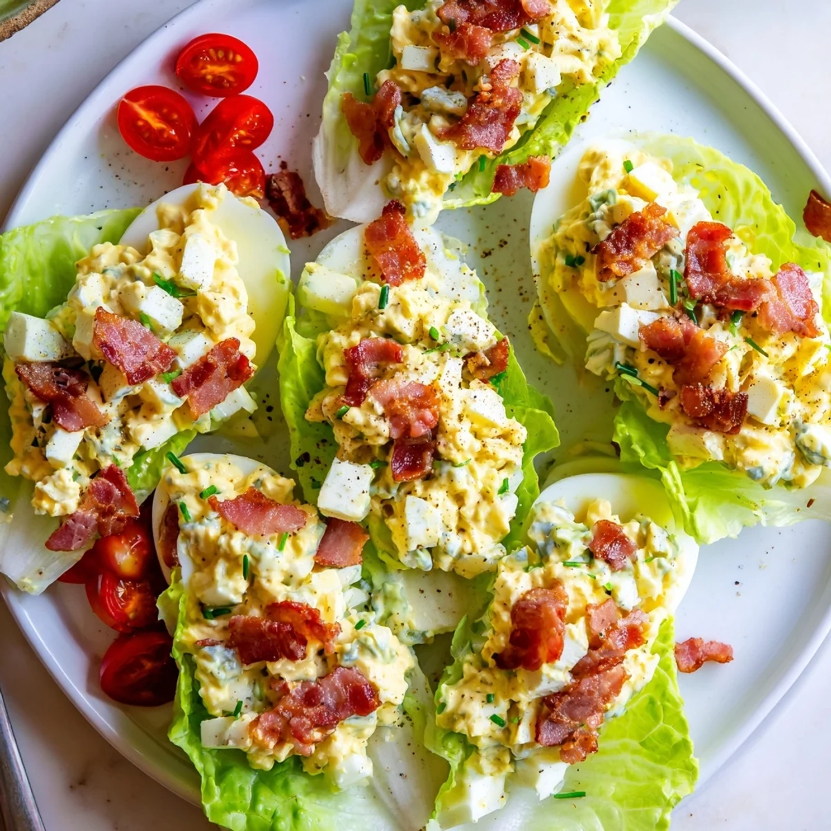 Bright BLT Egg Salad Lettuce Wraps served on butter lettuce for summer lunches