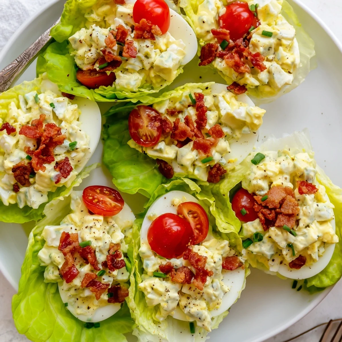 Crisp BLT Egg Salad Lettuce Wraps with creamy yolk, smoky bacon bites