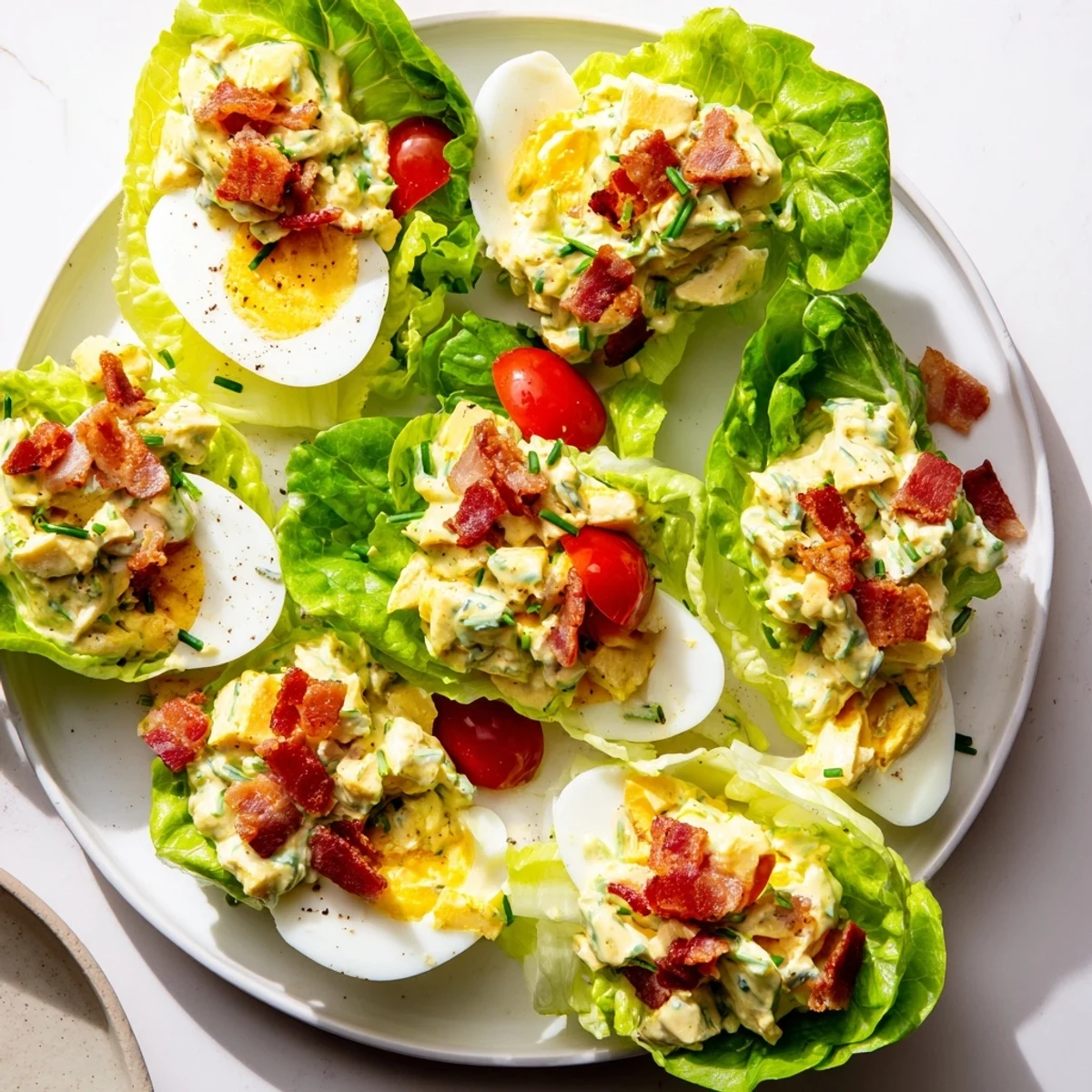 Hand-assembled BLT Egg Salad Lettuce Wraps showcasing chopped chives, halved tomatoes