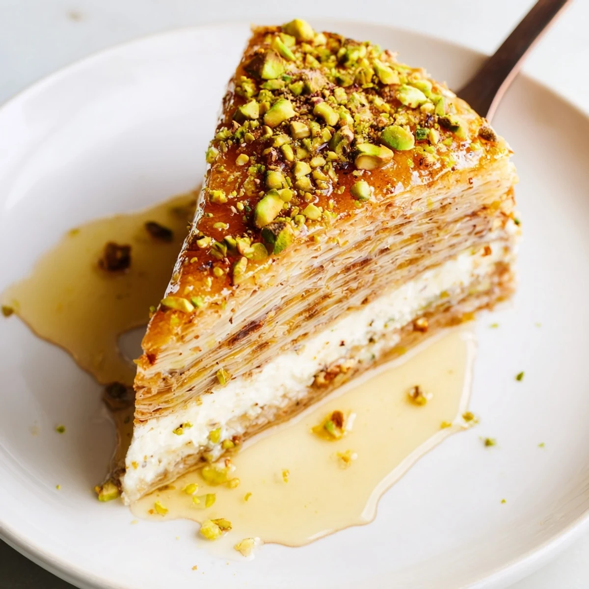 Pistachio Baklava Cheesecake with honey syrup, flaky phyllo crust, crunchy pistachios