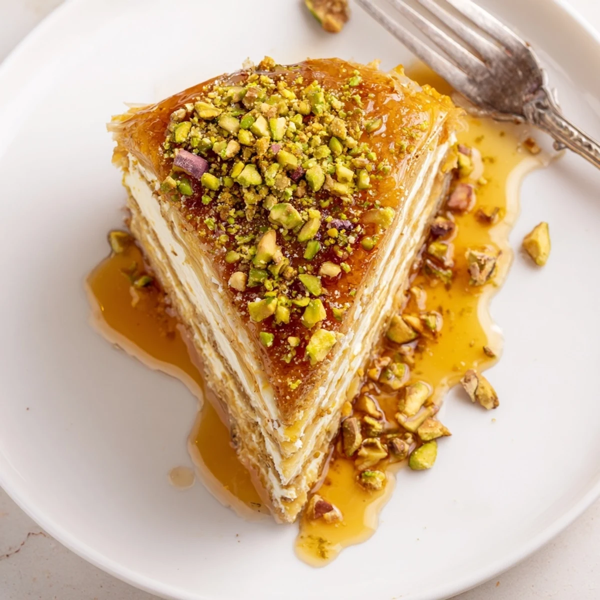 Perfectly chilled Pistachio Baklava Cheesecake slice garnished with crushed pistachios