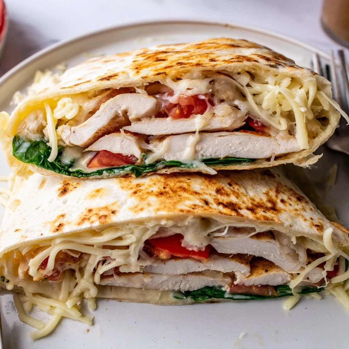 Cheesy Garlic Chicken Wraps grilled golden with melted cheese and fresh spinach