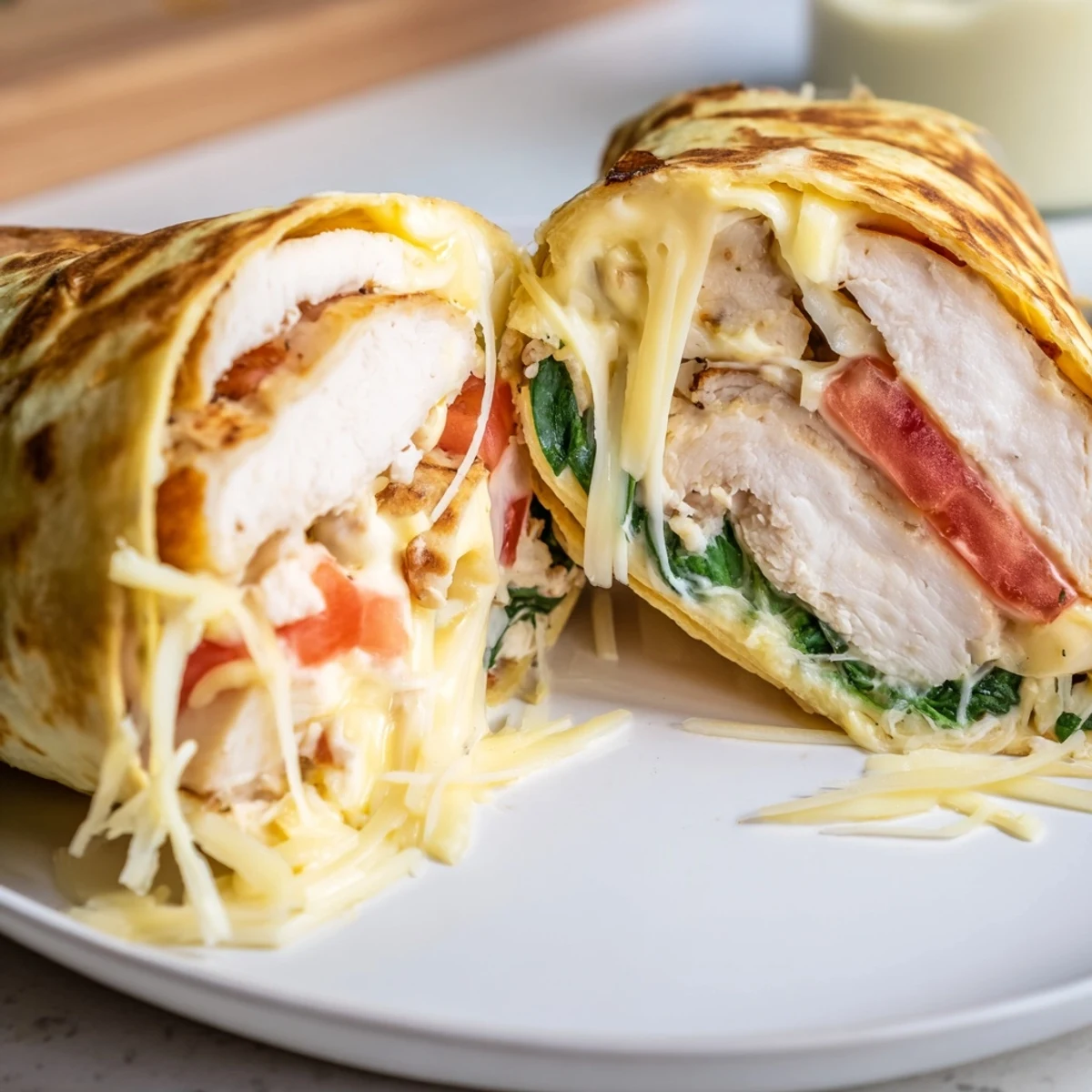 Sliced in half, Cheesy Garlic Chicken Wraps reveal juicy chicken, tomato, herbs